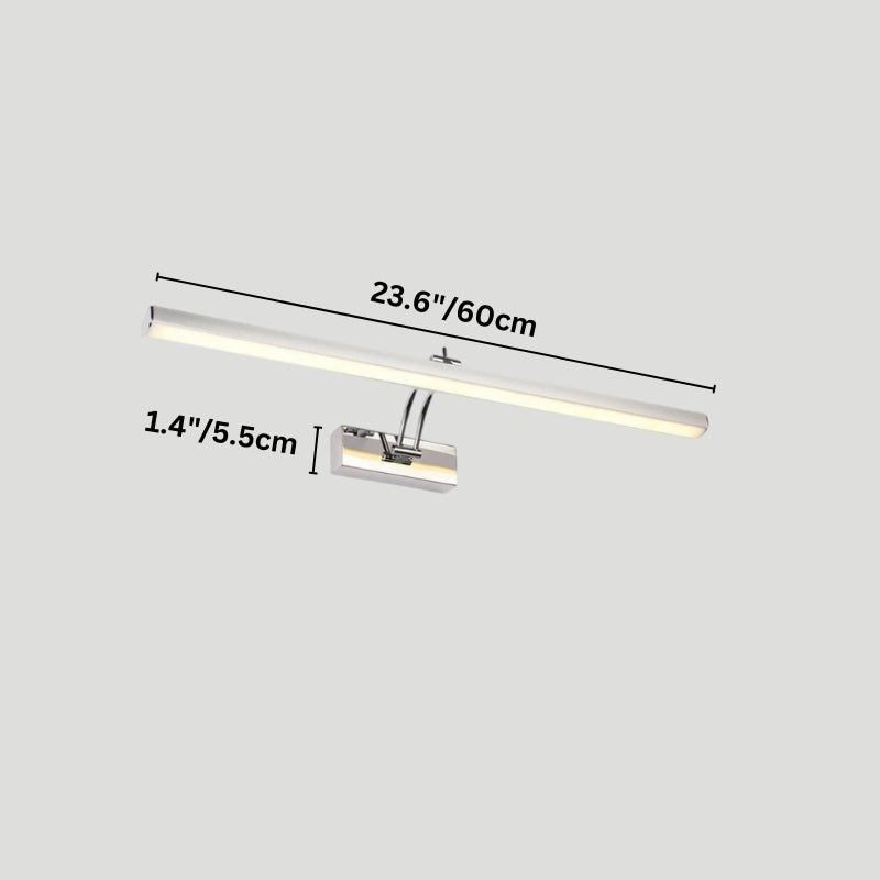 "A modern, minimalist LED wall lamp with a polished stainless steel body, shown with dimensions of 23.6 inches in length and 1.4 inches in width."