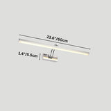 "A modern, minimalist LED wall lamp with a polished stainless steel body, shown with dimensions of 23.6 inches in length and 1.4 inches in width."