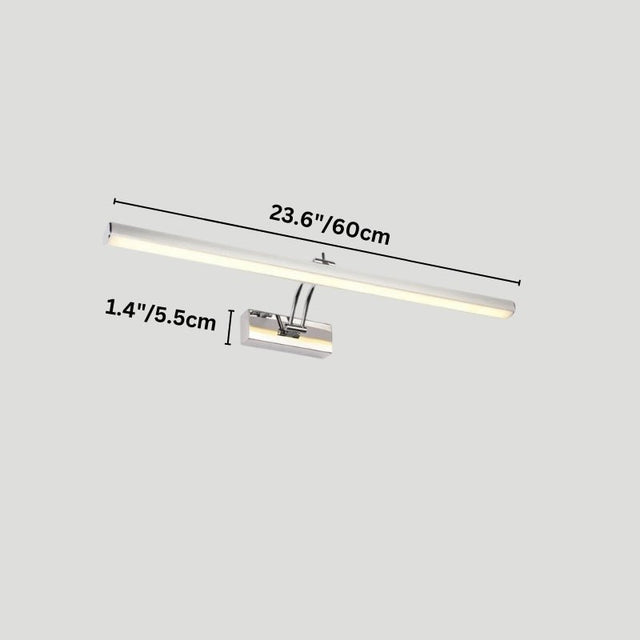 "A modern, minimalist LED wall lamp with a polished stainless steel body, shown with dimensions of 23.6 inches in length and 1.4 inches in width."