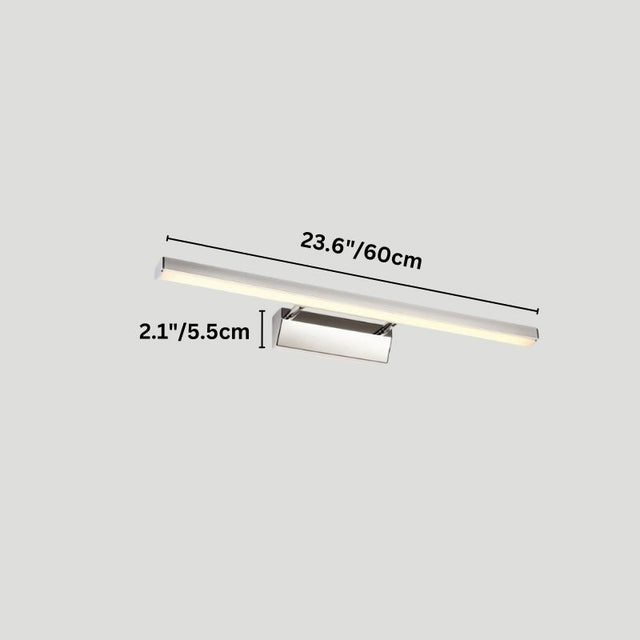 "A modern, minimalist LED wall lamp with a polished stainless steel body, shown with dimensions of 23.6 inches in length and 2.1 inches in width."
