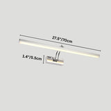 "A modern, minimalist LED wall lamp with a polished stainless steel body, shown with dimensions of 27.5 inches in length and 1.4 inches in width."
