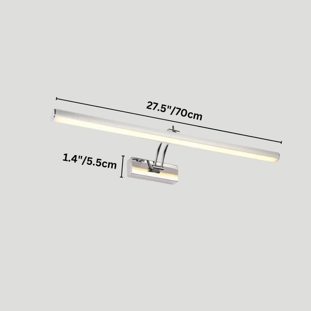 "A modern, minimalist LED wall lamp with a polished stainless steel body, shown with dimensions of 27.5 inches in length and 1.4 inches in width."