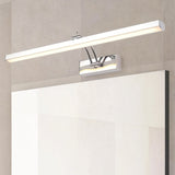 "A modern, minimalist LED wall lamp with a polished stainless steel body, featuring an adjustable arm, mounted above a bathroom mirror."