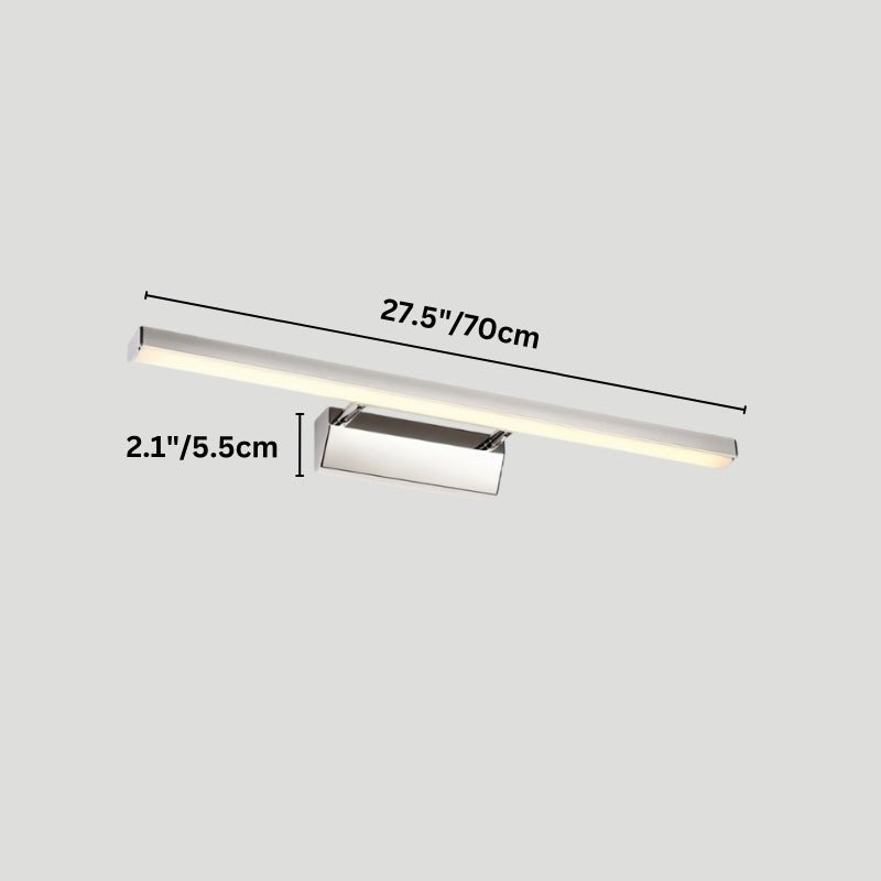 "A modern, minimalist LED wall lamp with a polished stainless steel body, shown with dimensions of 27.5 inches in length and 2.1 inches in width."