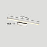 "A modern, minimalist LED wall lamp with a polished stainless steel body, shown with dimensions of 27.5 inches in length and 2.1 inches in width."