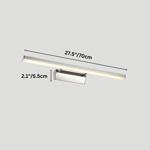 "A modern, minimalist LED wall lamp with a polished stainless steel body, shown with dimensions of 27.5 inches in length and 2.1 inches in width."