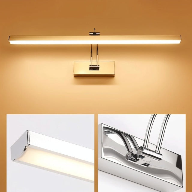 "A modern, minimalist LED wall lamp with a polished stainless steel body, shown illuminated with close-up details of the light and adjustable arm."