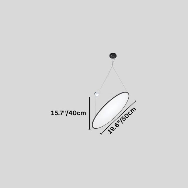 "A diagram showing the dimensions of a disc-shaped pendant light, including diameter in inches and centimeters."