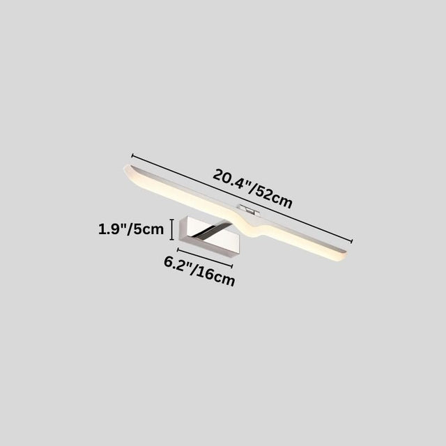 "A diagram illustrating the dimensions of a 20.4 inch (52cm) LED vanity light, showing its length, width, and depth in inches and centimeters."