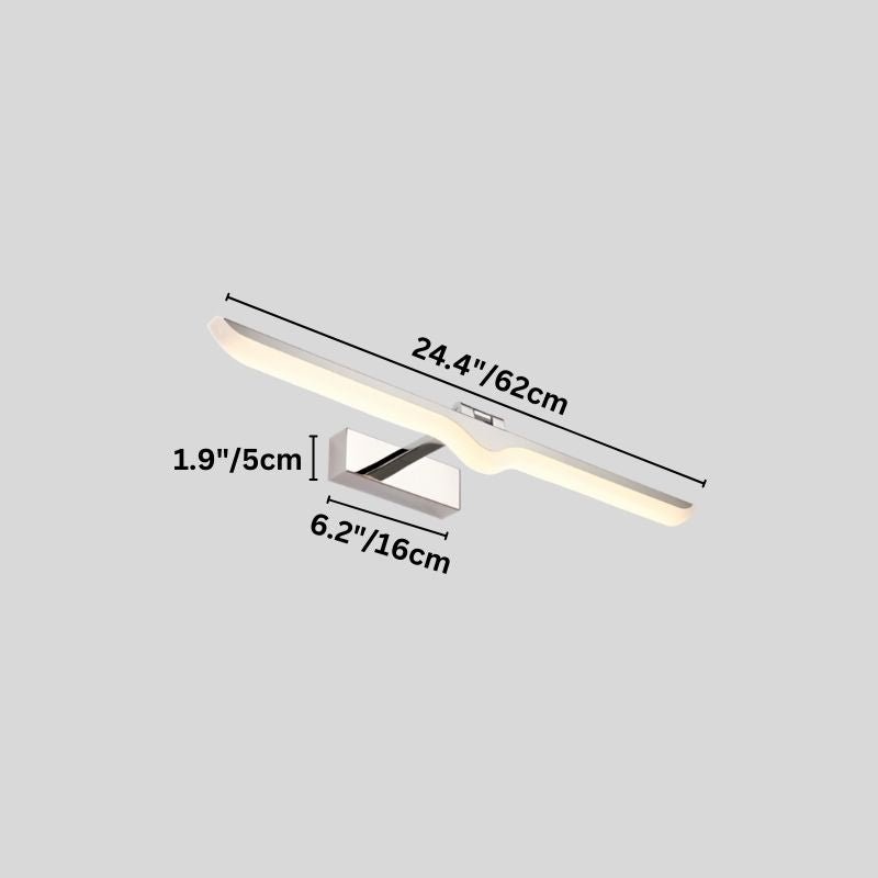 "A diagram showing the dimensions of a 24.4 inch (62cm) LED vanity light, including length, width, and depth in inches and centimeters."
