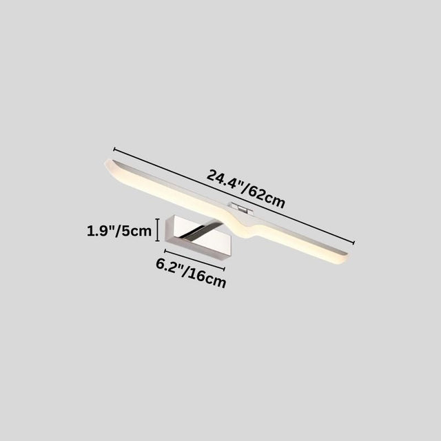 "A diagram showing the dimensions of a 24.4 inch (62cm) LED vanity light, including length, width, and depth in inches and centimeters."
