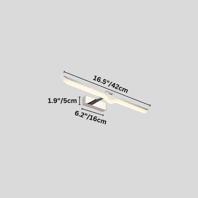 "A diagram showing the dimensions of a modern LED vanity light, including length, width, and depth in inches and centimeters."
