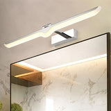 "A sleek, modern LED wall lamp mounted above a bathroom mirror, featuring a polished chrome finish and a subtle wave design, providing balanced illumination for grooming."