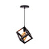Black geometric cage pendant light with warm amber Edison bulb, suspended from ceiling on white background.