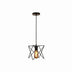 Black metal star-shaped pendant light with amber Edison-style bulb on white background.