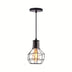 Black metal cage pendant light with warm Edison-style bulb, suspended from ceiling against white background.