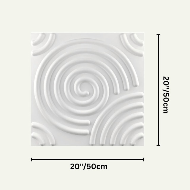 Egena Wall Panel dimensions shown as 20x20 inches or 50x50 cm, highlighting its square shape and embossed spiral design.