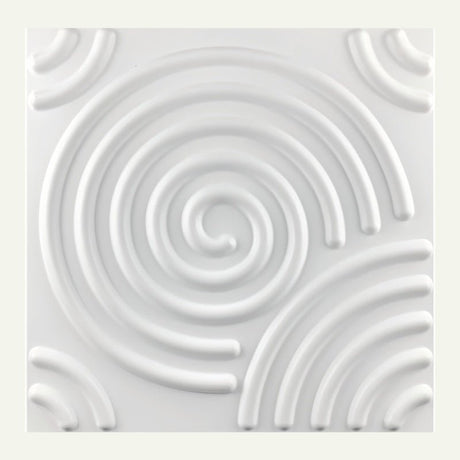 Close-up of Egena Wall Panel in white PVC, featuring embossed spiral patterns ideal for stylish interior wall applications.