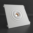 "A square white ceiling light with concentric circles and a central light, shown against a dark gray background."