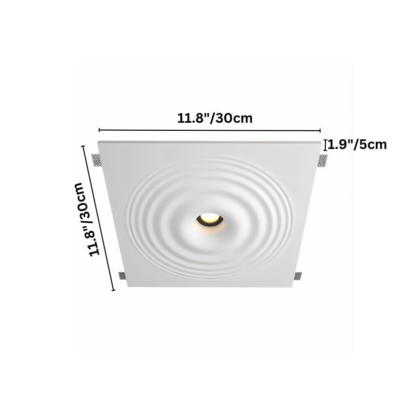 "A square white ceiling light with concentric circles and a central light, showing dimensions of 11.8 inches (30cm) in width and length, and 1.9 inches (5cm) in depth."