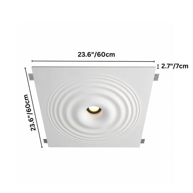"A square white ceiling light with concentric circles and a central light, showing dimensions of 23.6 inches (60cm) in width and length, and 2.7 inches in depth."