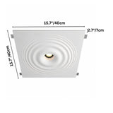 "A square white ceiling light with concentric circles and a central light, showing dimensions of 15.7 inches in width and length, and 2.7 inches in depth."