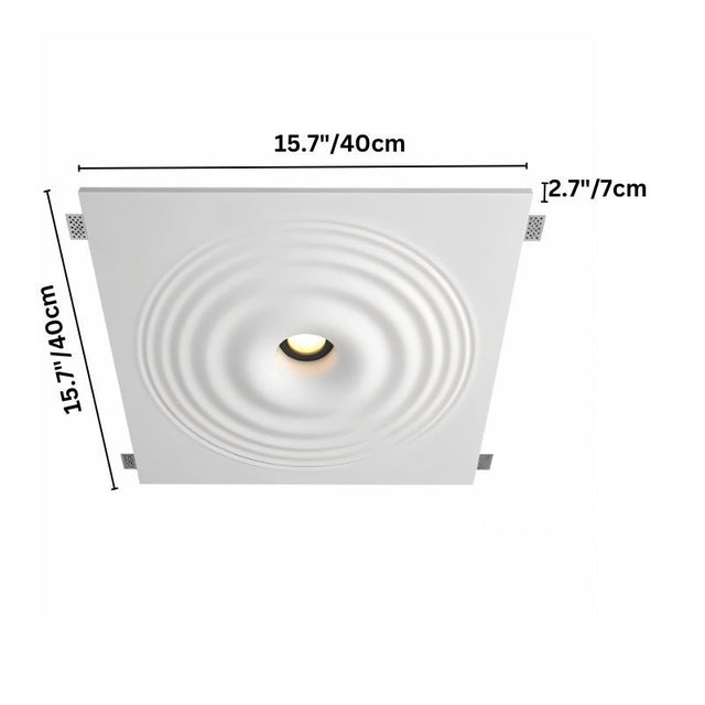 "A square white ceiling light with concentric circles and a central light, showing dimensions of 15.7 inches in width and length, and 2.7 inches in depth."