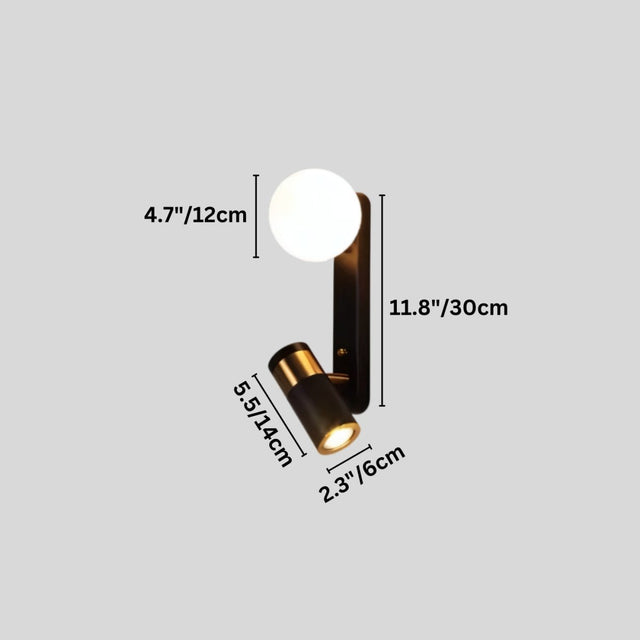 "Dimensions of a modern bedside reading lamp with frosted glass globe and adjustable spotlight, 11.8 inches in height, 4.7 inches in width, 5.5 inches in spotlight length, and 2.3 inches in spotlight diameter."