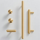 "Modern minimalist brushed brass knobs and pull bars for contemporary kitchen or bathroom cabinets."