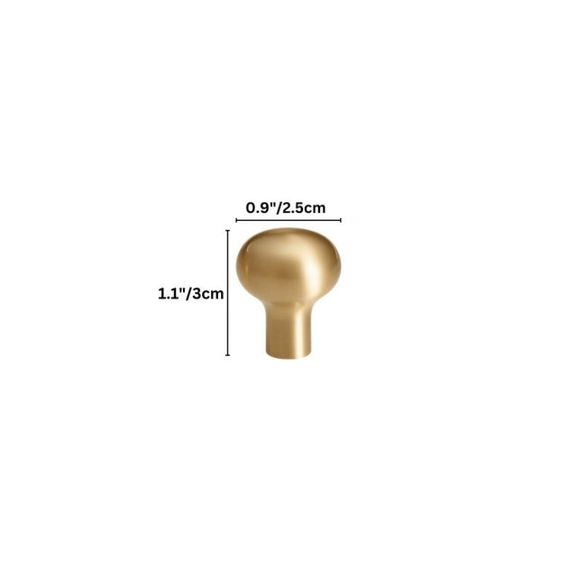 "Dimensions of a modern minimalist brushed brass cabinet knob, 0.9 inches or 2.5 centimeters wide."