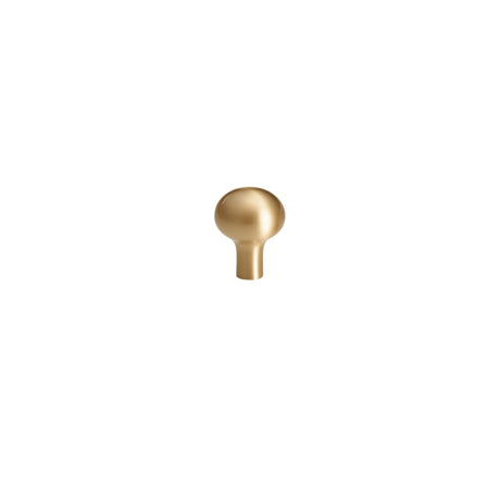 "Modern minimalist brushed brass cabinet knob with smooth, rounded edges."