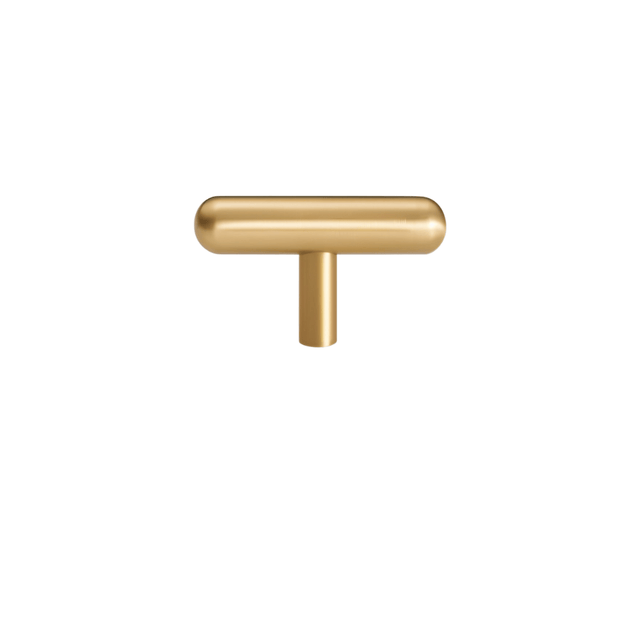 "Modern minimalist brushed brass T-bar pull for contemporary cabinets."
