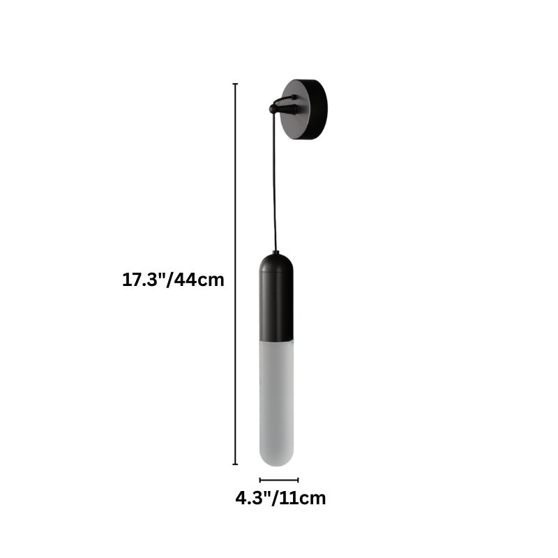 "Dimensions (17.3"/44cm height, 4.3"/11cm width) of a modern wall lamp with a long, slender cylindrical shade on a white background."