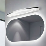 "A stainless steel LED vanity light mounted above an oval bathroom mirror with integrated lighting."