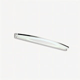 "A stainless steel LED vanity light with a sleek, curved design and diffused illumination."
