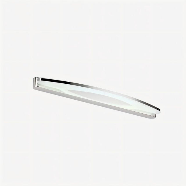 "A stainless steel LED vanity light with a sleek, curved design and diffused illumination."