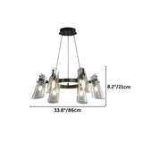 "Dimensions, 33.8 inches wide and 8.2 inches tall, of a modern black brass chandelier with cone-shaped acrylic shades."