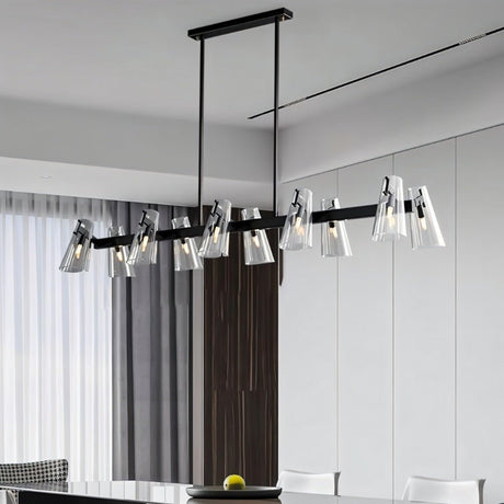 "A linear black brass chandelier with cone-shaped acrylic shades over a dining table."