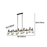 "Dimensions, 59 inches wide, 15.7 inches tall, and 29.5 inches hanging height, of a modern black brass linear chandelier with cone-shaped acrylic shades."