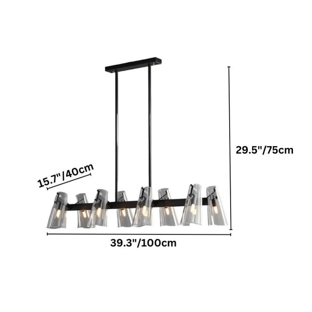 "Dimensions, 39.3 inches wide, 15.7 inches tall, and 29.5 inches hanging height, of a modern black brass linear chandelier with cone-shaped acrylic shades."