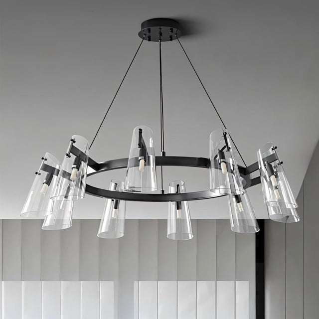 "A modern black brass chandelier with cone-shaped acrylic shades on a gray ceiling, angled view."