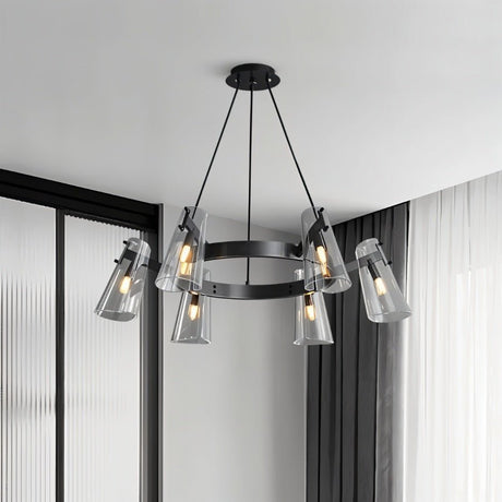"A modern black brass chandelier with cone-shaped acrylic shades in a contemporary room."