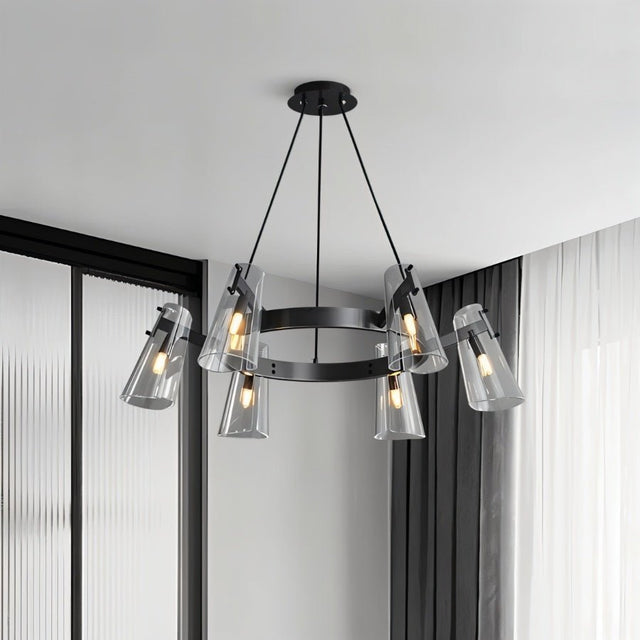 "A modern black brass chandelier with cone-shaped acrylic shades in a contemporary room."