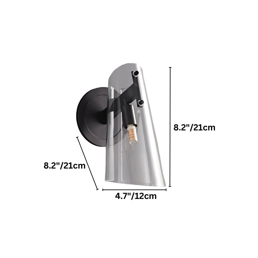 "Dimensions, 8.2 inches tall, 4.7 inches wide, and 8.2 inches deep, of a modern brass wall lamp with a clear acrylic shade."