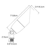 "Diagram showing dimensions of a die-cast brass outdoor spotlight with adjustable head."