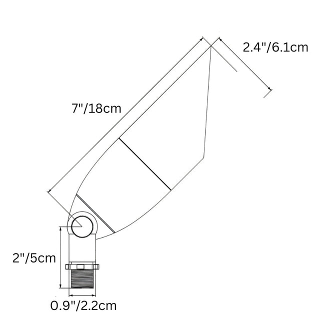 "Diagram showing dimensions of a die-cast brass outdoor spotlight with adjustable head."