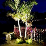 "Outdoor spotlights illuminating palm trees and a garden at night."