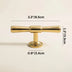 Gold-finished T-bar cabinet pull with measurements displayed on cream background.