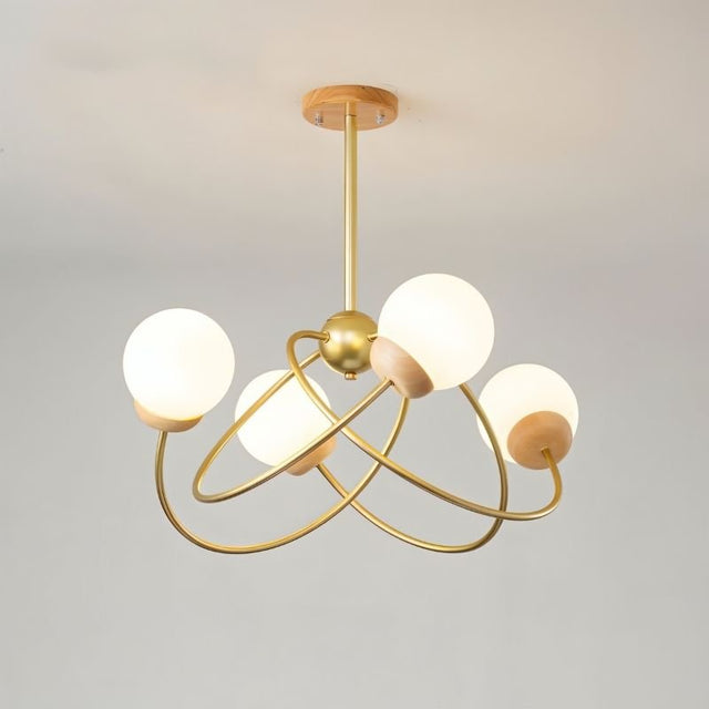 "Close-up of metal and wood chandelier details, highlighting frosted glass globes and intricate curved arms."