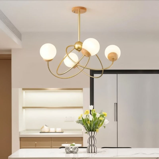 "Orbit-inspired ceiling chandelier with soft ambient lighting, enhancing a stylish living room interior."
